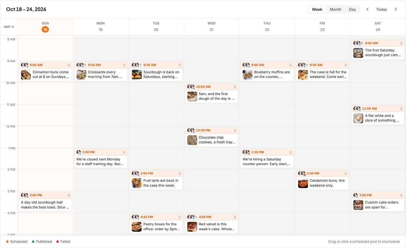 The posthell calendar showing a bakery's week of scheduled posts with photos of bread, pastries and coffee, each going to several networks: Instagram, Facebook, Threads, X and Pinterest