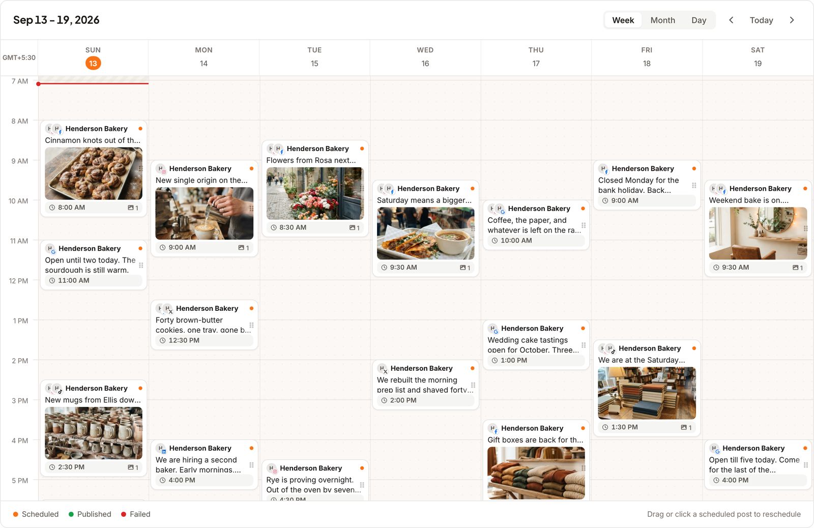 The posthell calendar week view with published and scheduled posts across the week
